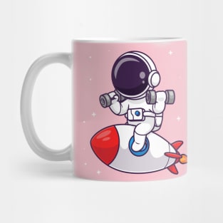 Cute Astronaut Lifting Dumbbell On Rocket Cartoon Mug